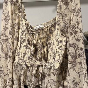 Free People Cream and Brown Floral Blouse